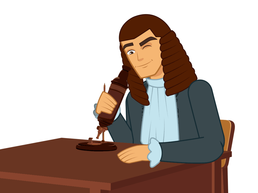 Robert Hooke observando en el primer microscopio.