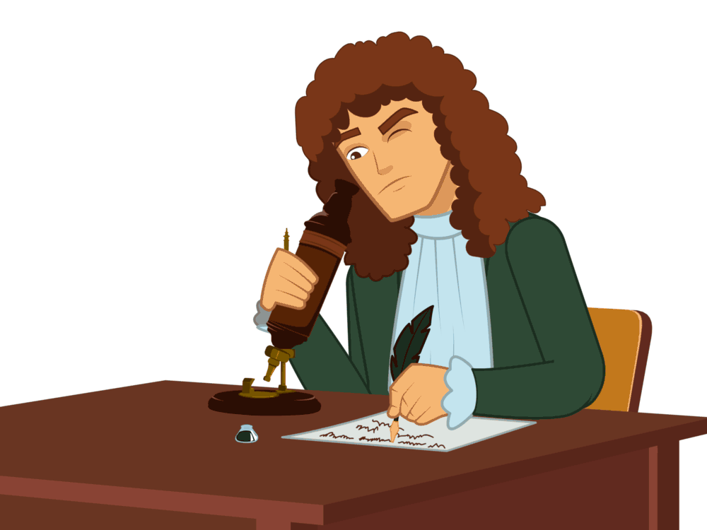 Antony van Leeuwenhoek observando en el microscopio y dibujando lo que observa.
