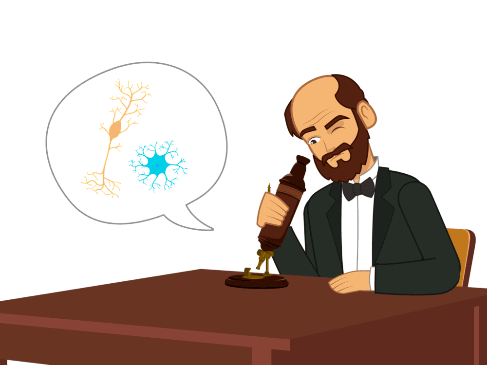 Santiago Ramón y Cajal, con el microscopio y una neurona en movimiento.
