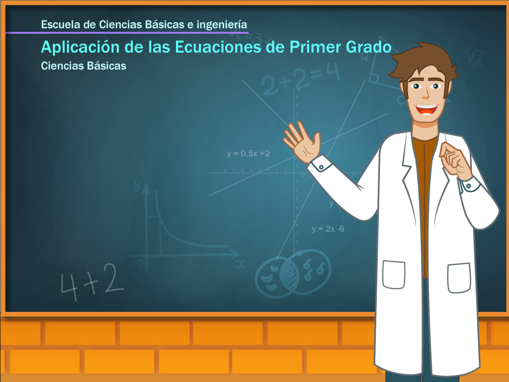 Imagen con fondo de tablero con ecuaciones y un profesor con bata blancasaludando, que contiene el título escuela de ciencias de la educación. Aplicación de las Ecuaciones de Primer Grado: ciencias básicas.