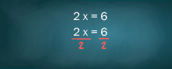 Tablero con ecuación: 2x = 6 donde se aplica principio de multiplicación dividiendo en 2 cada lado.