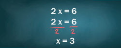 Tablero con ecuación: 2x = 6 donde se aplica principio de multiplicación dividiendo en 2 cada lado, quedando x = 3.