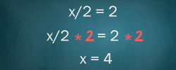 Tablero con ecuación: x/2 = 2 donde se aplica principio de multiplicación, multiplicando en 2 cada lado, quedando x = 4.