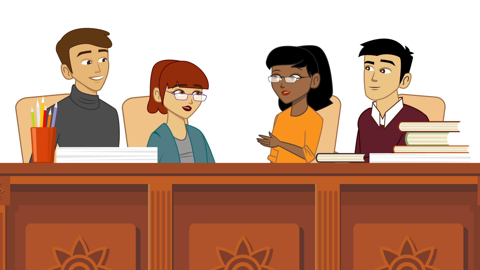 Una mesa con profesores trabajando o hablando.