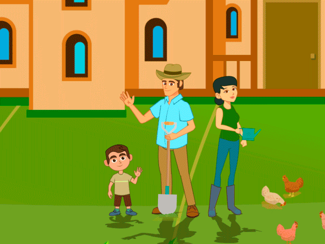 Una granja agrícola que contiene cultivos y animales como cerdos, pollos, vacas y ovejas, con personas cuidando la granja, esto hace parte de un sistema mayor.