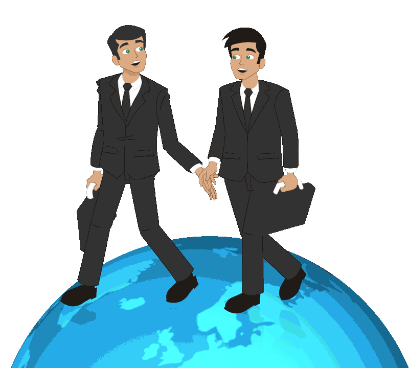 Dos personas caminando y hablando de negocios sobre el mundo.