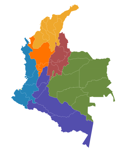 Mapa de Colombia resaltando las regiones con presencia de la UNAD.