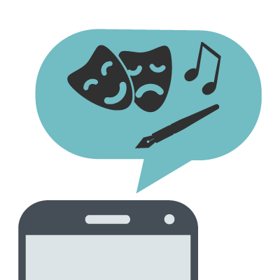 ​Económico-Productivo. imagen de la parte superior de un telefono celular. en este sobresale  una icono de conversación  con dos macaras,  un boligrafo y una nota musical