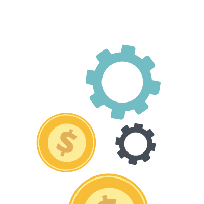Organizacional-Administrativo. imagen de  dos engranages con dos monedas, una de las monedas  se alcanza a apreciar solo la parte superior.