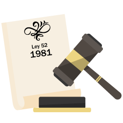 Referentes de temas legislativos de la ley 52 de 1981 junto a un mazo de justicia.