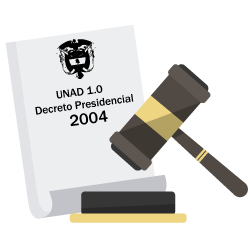 Referentes de temas legislativos del decreto presidencial 2004 junto a un mazo de justicia.