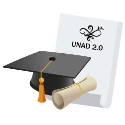Birrete junto a un diploma y una hoja con UNAD 2.0 escrito.
