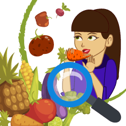 Una mujer comiendo una zanahoria y rodeada de varias verduras y frutas que están bajo una lupa