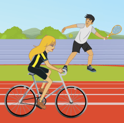 Una ciclista y un tenista en el fondo.