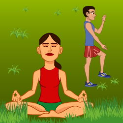 Una mujer practicando yoga y un hombre ejercitándose en el fondo.