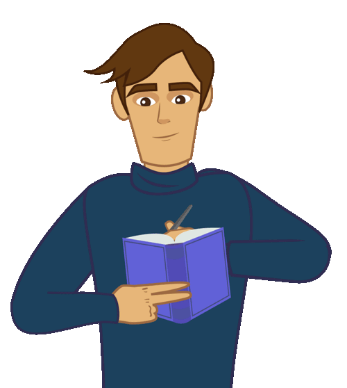 Personaje escribiendo  en una  agenda, metas a largo, mediano y corto plazo.