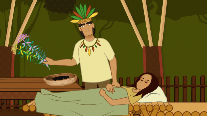 Un chamán haciendo su ritual, después este tratando a un ser humano y del cuerpo del enfermo emerge algún espíritu.