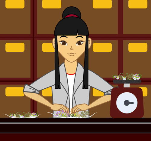 Animación de una farmacia china donde los personajes aparecen realizando preparaciones medicamentos al lado de la farmacia.