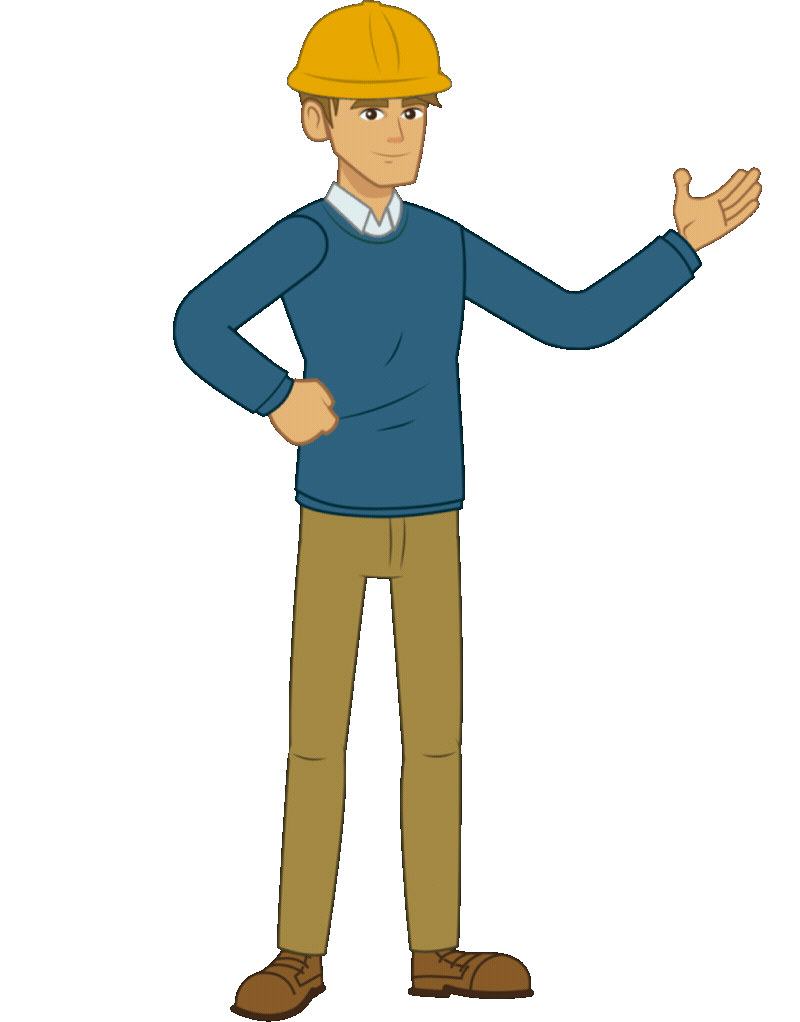 Personaje de un ingeniero dando la bienvenida al contenido y presentandolo.
