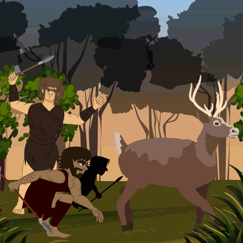 Personas de la prehistoria cazando en un bosque ciervos.