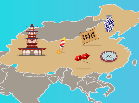 Mapa de la antigua china con las diferentes invenciones dadas aquí.