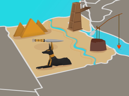 Mapa de el antiguo Egipto con las diferentes invenciones dadas aquí.