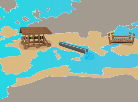 Mapa del imperio Romano con las diferentes invenciones dadas aquí.