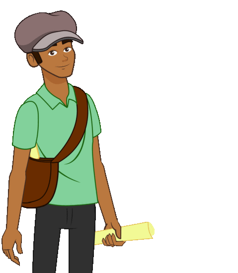 Un muchacho con una bolsa de periódicos, saca de la bolsa un periódico lo despliega y muestra las intrucciones del juego.