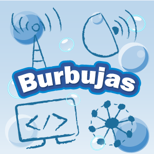 Juego Burbujas: texto burbujas con iconos alegoriocos a comunicación.