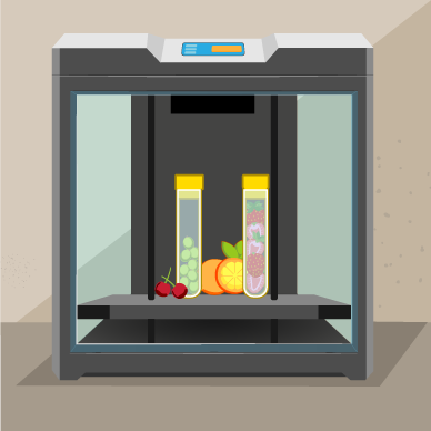 Impresora 3D de alimentos. En el centro tubos de ensayo que contienen frutas enteras y cortadas.