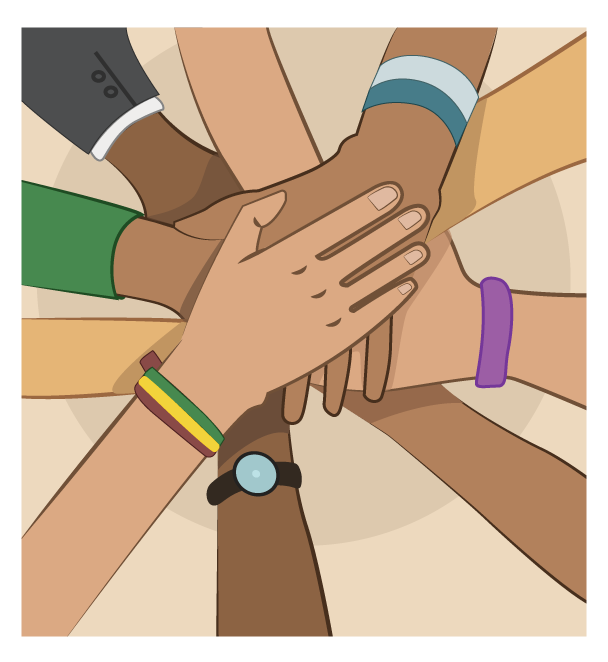 Grupo de personas con las manos juntas.