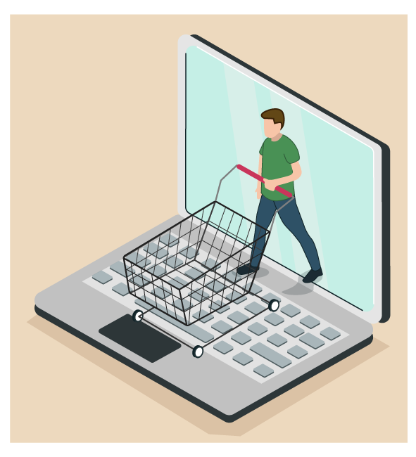 Un computador y un carro de mercado sobre el computador.