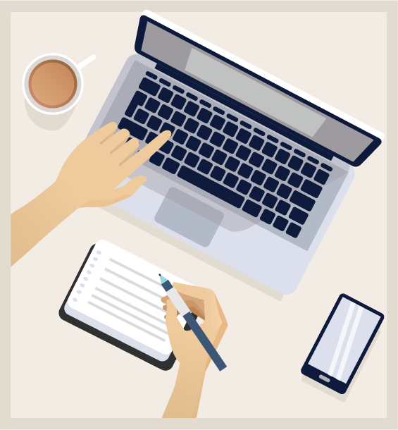 Café, computador, libreta y celular.