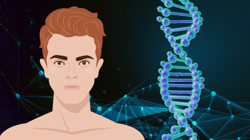 Aparece el rostro humano, luego la cadena de ADN en movimiento y finalmente las bases nitrogenadas AGT, por ejemplo, tal como se visualiza en la figura.
