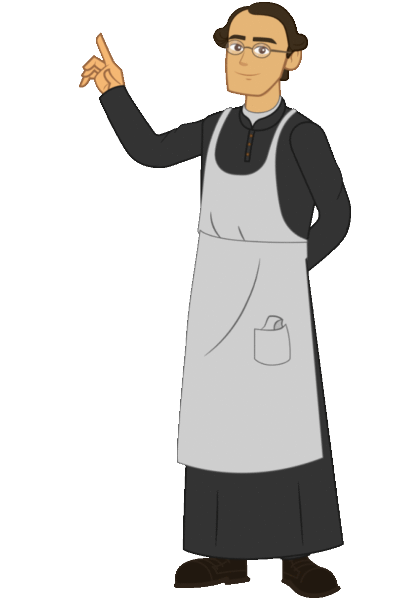 Gregor Mendel en caricatura presentando con la mano el objetivo.