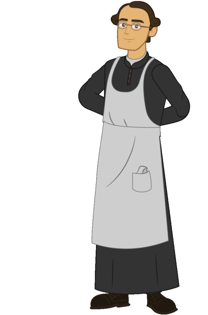  Gregor Mendel en caricatura en movimiento con los guisantes.