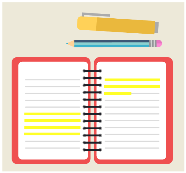 Agenda, marcador y libreta de apuntes, con algunas líneas de apuntes resaltadas.