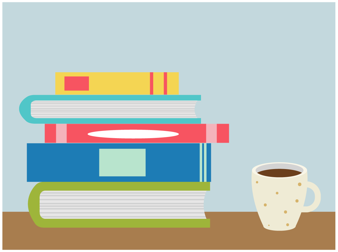Columna de libros puesta en vertical con una taza de café al lado.