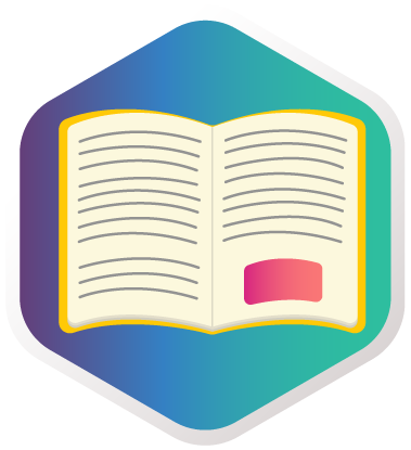hexágono   de color morado e azul claro  con un libro adentro.