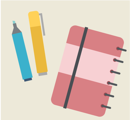 Agenda, marcador y libreta de apuntes.