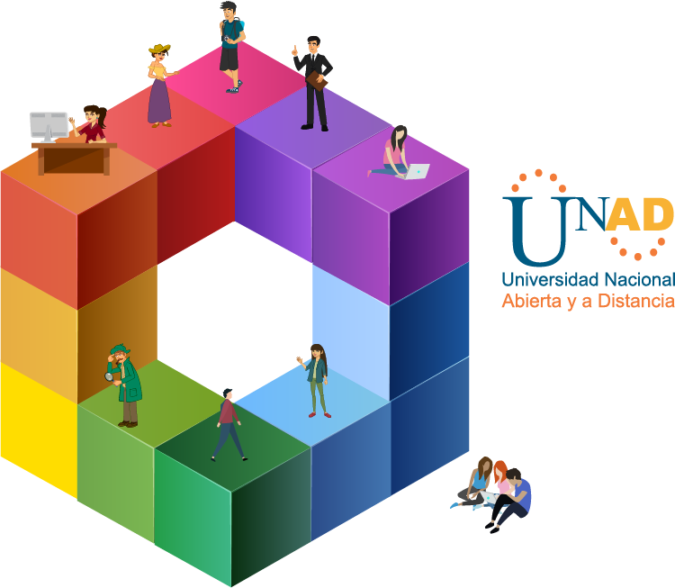 Cubo semiabierto compuesto por pequeños cubos sobre estos se ubican personas miniatura en diferentes actividades como, trabajar en un computador, leer, pensar, subir escaleras, discutir sobre un documento y argumentar