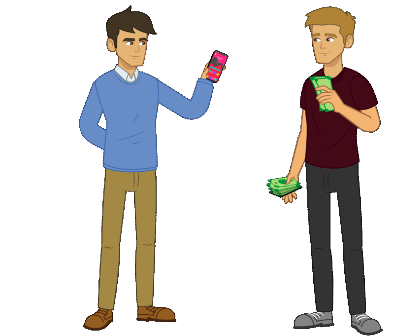 Dos personas negociando la compra de un celular, la primera con celular en la mano y el segundo con dinero en sus manos.