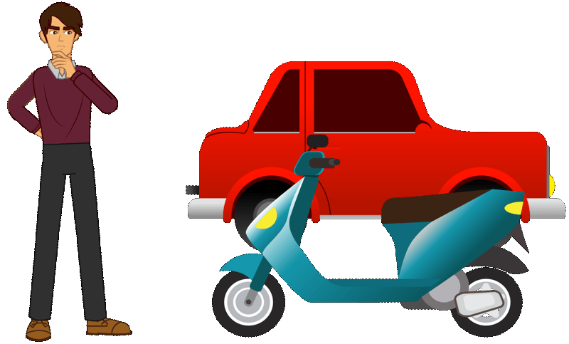 Hombre pensando en comprar un carro o una moto.