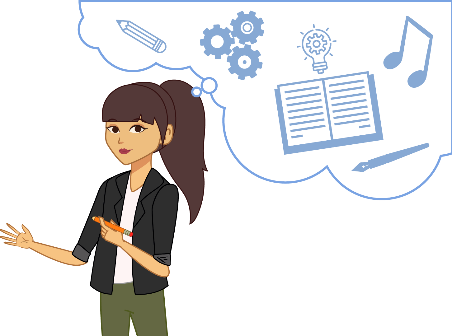 Persona que tiene muchas ideas y en su mano un lápiz que materializa a través de un texto esas ideas.