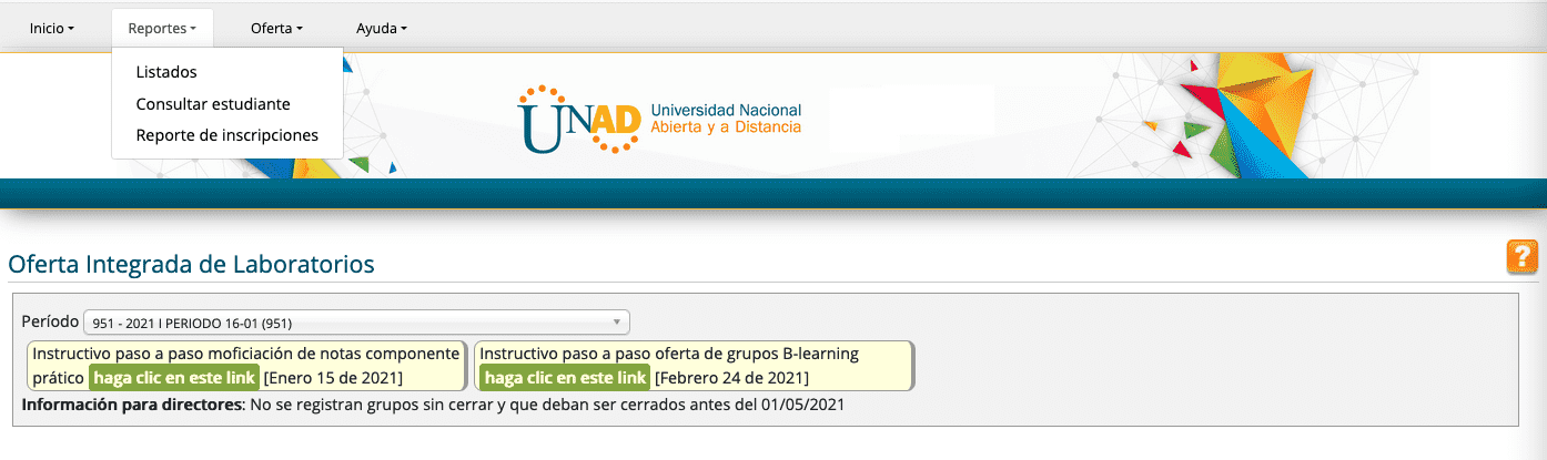 El botón de reportes que se encuentra en el aplicativo de la Oferta Integrada de laboratorios, permite consultar los listados, estudiantes y reportes de inscripciones.