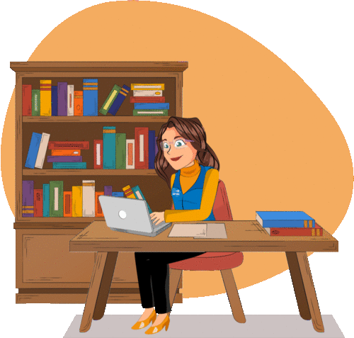 Escenario de biblioteca con avatar sentada.