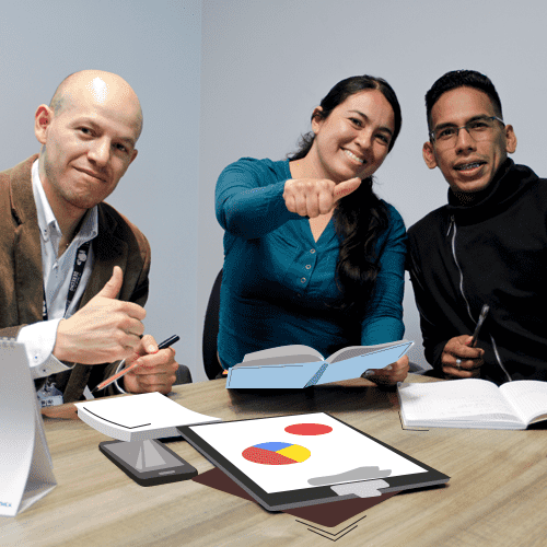 Personas representativas de la comunidad educativa,  frente al texto del objetivo de aprendizaje.