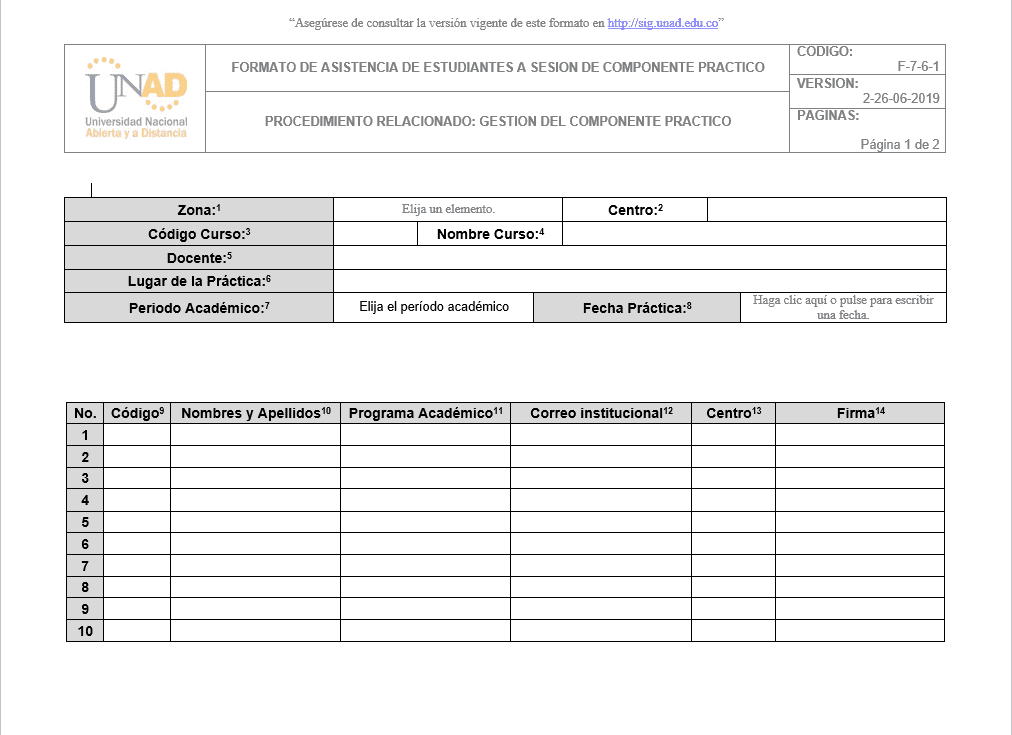 Formato de asistencia de estudiantes a sesión de componente práctico.