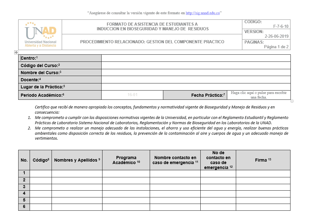 F-7-6-10 formato de asistencia de estudiantes a inducción en bioseguridad y manejos de residuos.
