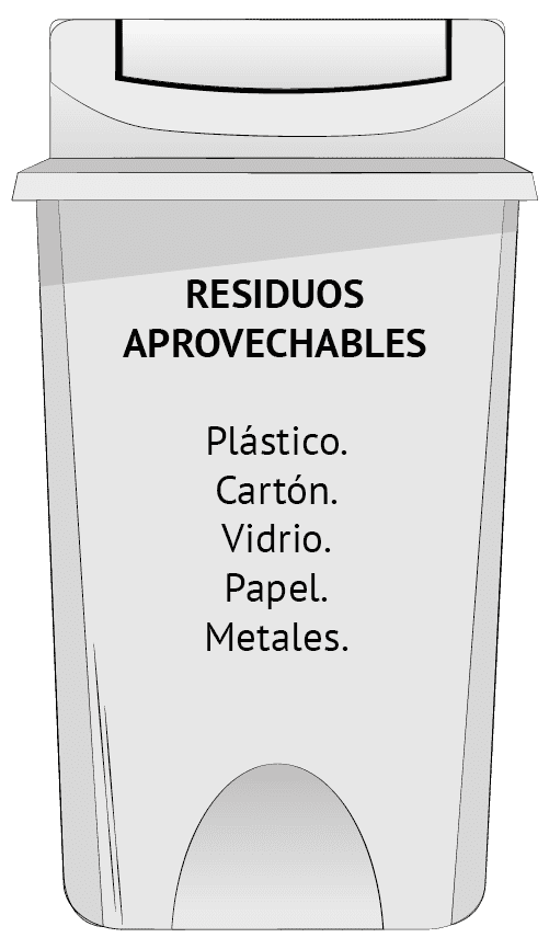 Caneca blanca - RESIDUOS APROVECHABLES: Plástico. Cartón. Vidrio. Papel. Metales.